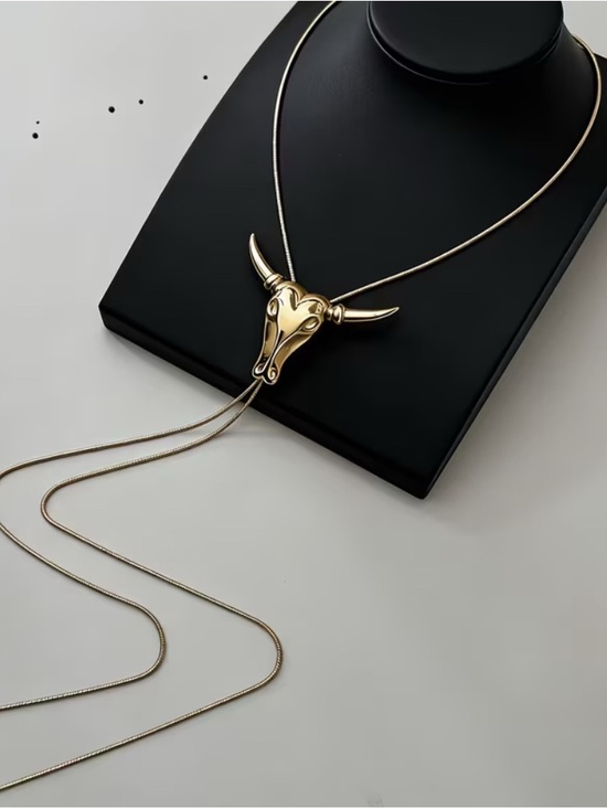 Lorylin Jewelry - WESTERN Style Gold Bull Skull Lariat Pendant Necklace Bolo